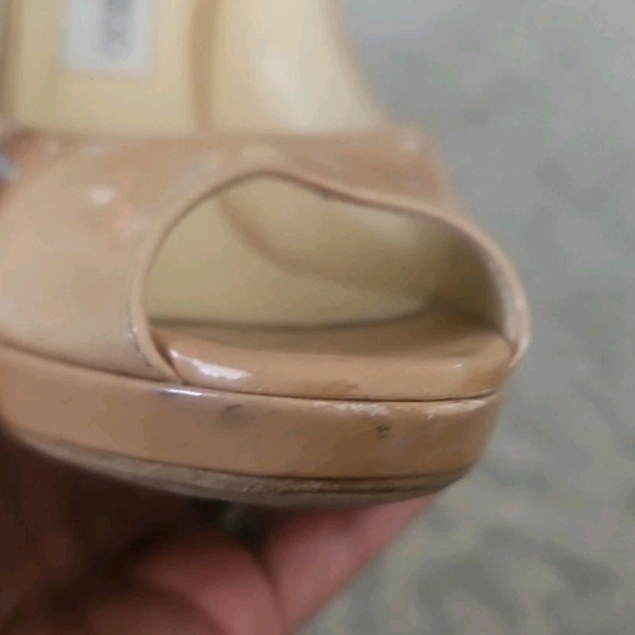 Jimmy Choo Womens Nude Patent Leather Luna Peep Toe Platform Pumps 37.5 - Picture 14 of 15